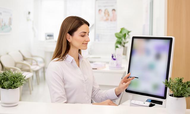Recepcionista utilizando un sistema de atención automatizada en una clínica dental luminosa