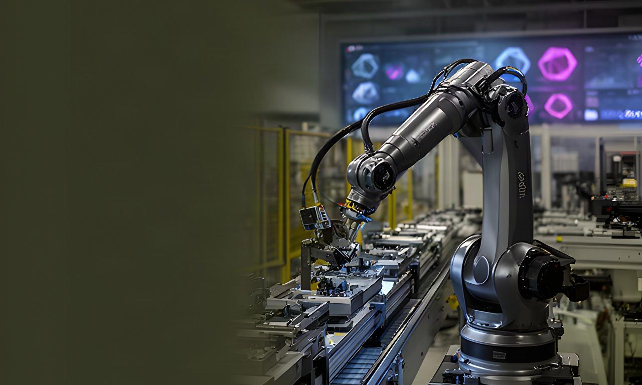 Brazo robótico industrial trabajando junto a una línea de producción con paneles de datos